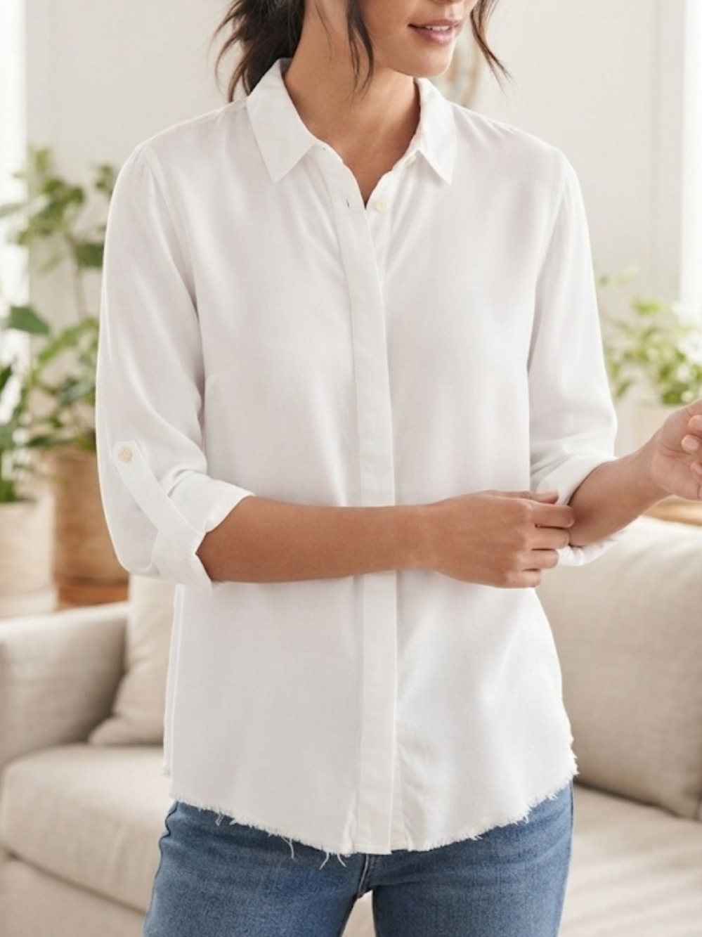 Chico’s White Lyocell Hidden Button Down Roll-Tab 3/4 Sleeve Shirt Sz 3 (16/XL)